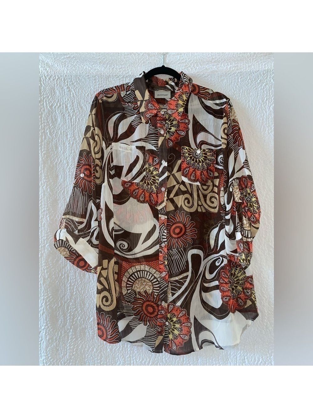 Avenue Sheer 3/4 Sleeve Button Down Top